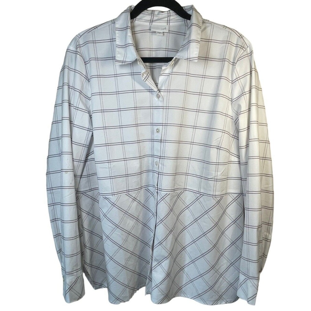 J Jill Shirt Womens Medium Button Up Blouse Top Plaid Long Sleeve White